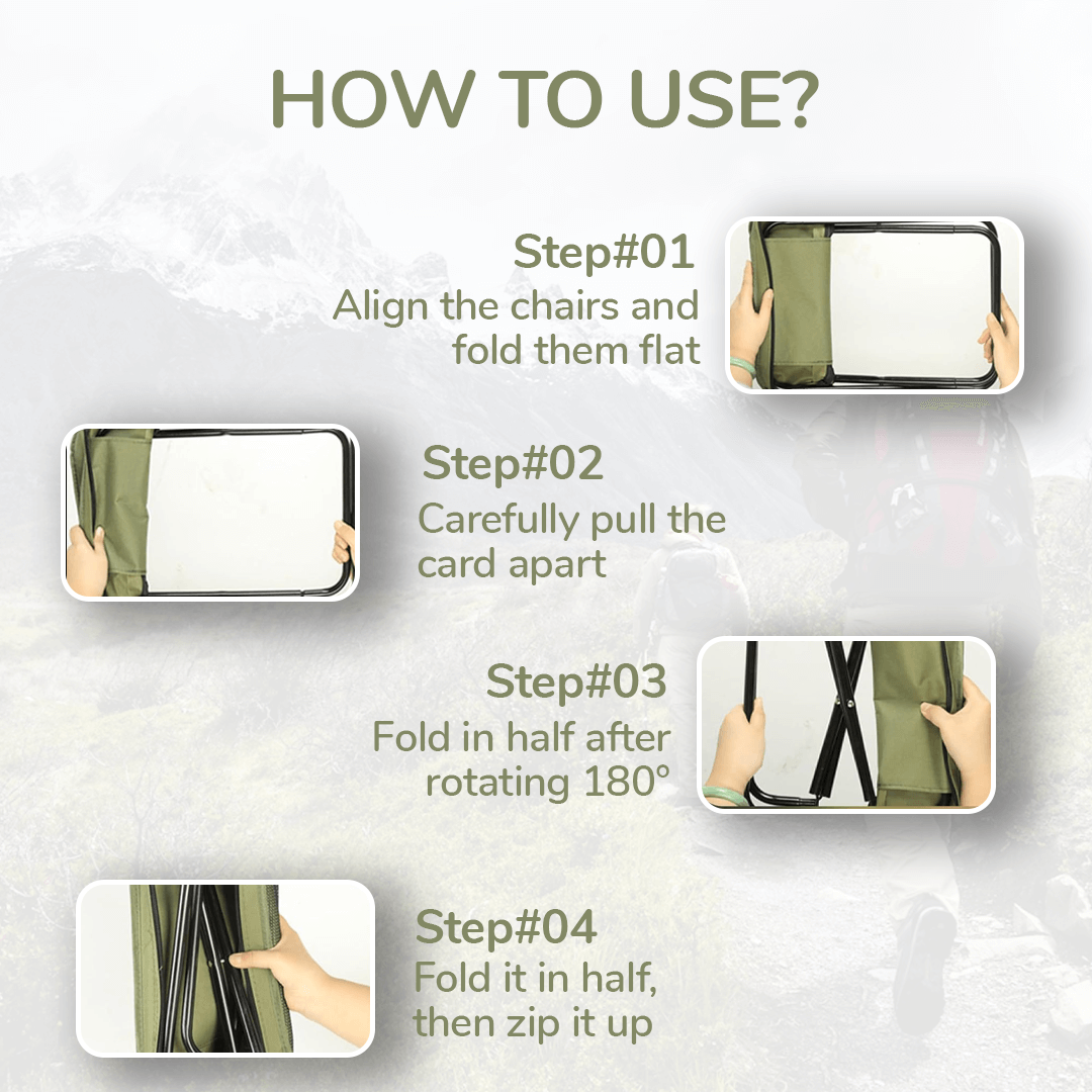 Instructions for using TrekRest Foldable Chair Bag with four steps for proper folding and packing.