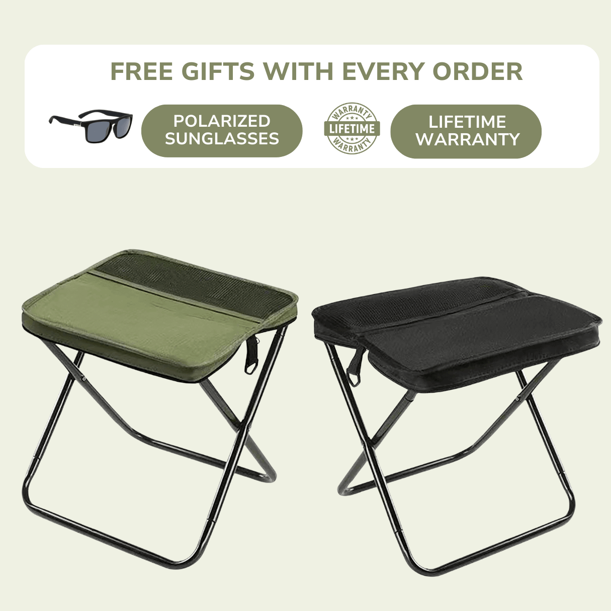 Two folding stools, one green and one black, with promotional text about free gifts with every order on a beige background.