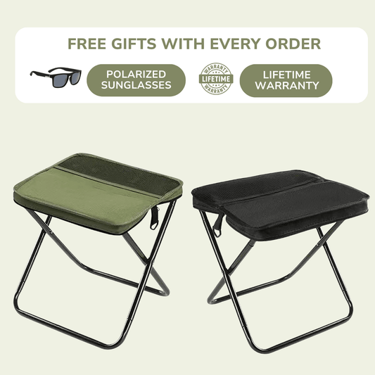 Two folding stools, one green and one black, with promotional text about free gifts with every order on a beige background.