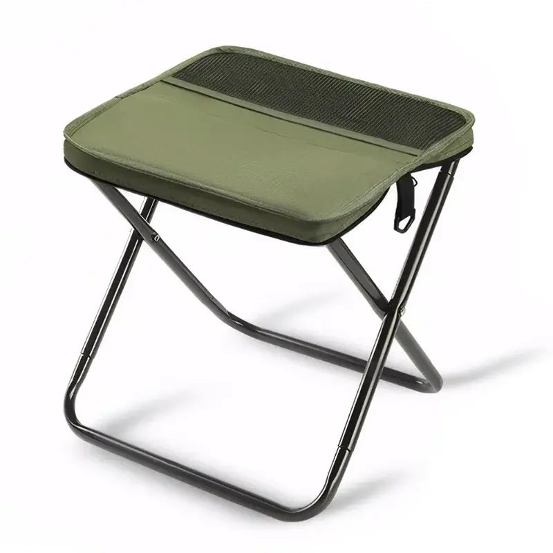 TrekRest foldable chair bag with green fabric seat and metal frame, perfect for outdoor adventures.