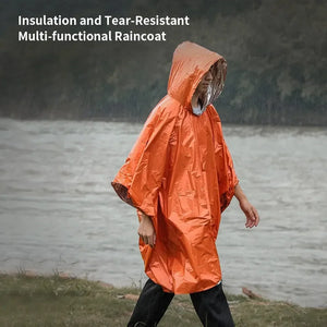 Person wearing an orange raincoat with text 'Insulation and Tear-Resistant Multi-functional Raincoat' over a blurred natural background.