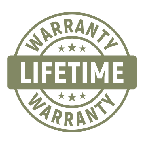 Lifetime warranty badge in olive green, emphasizing free lifetime product guarantee.