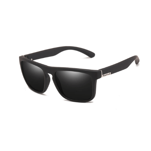 Stylish black polarized sunglasses with a sleek design, perfect for outdoor activities and sunny days.