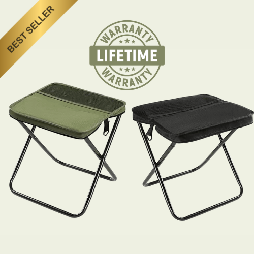 Two folding stools, one green and one black, with a 'Best Seller' and 'Lifetime Warranty' label on a light background.