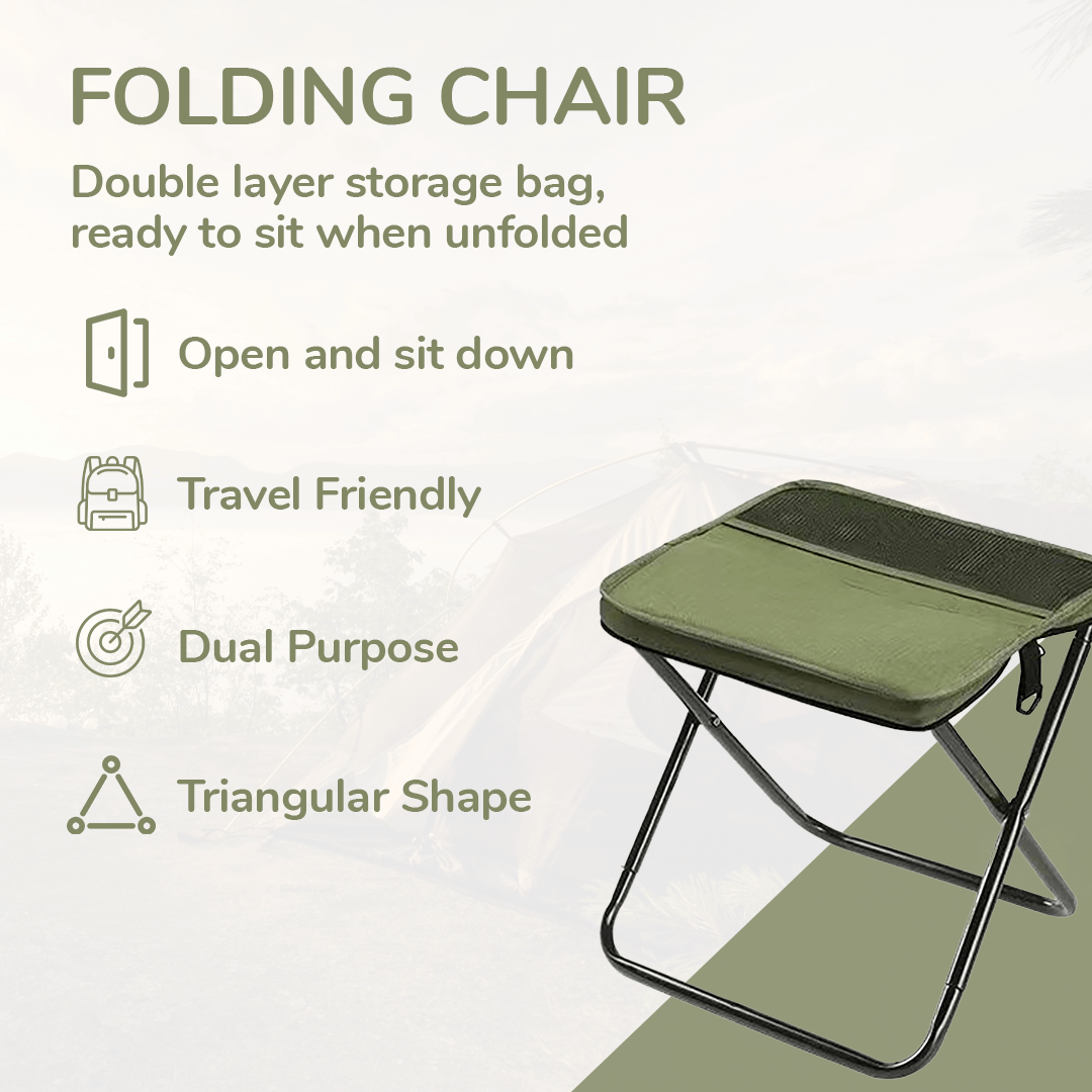 TrekRest foldable chair with double layer storage, travel friendly, and dual purpose design for outdoor convenience.