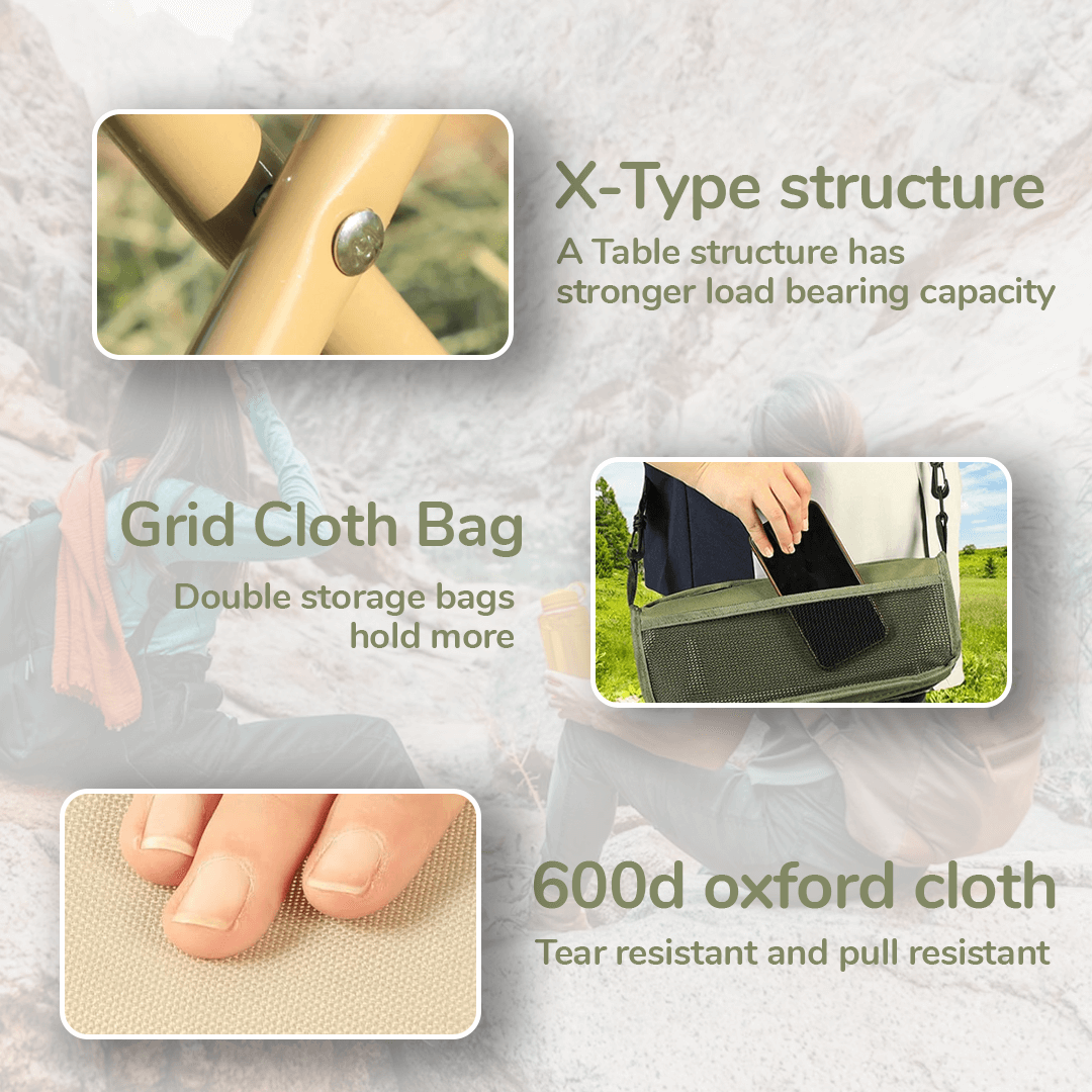Features of TrekRest Foldable Chair: X-type structure, grid cloth bag, 600D oxford cloth for durability.